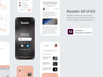Reader XD UI Kit Freebie app design article design medium mobile app design ui ui kit uiux user interface ux