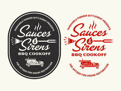 Sauces & Sirens badge bbq cookoff engine fire ladder logo sauce siren smoker truck
