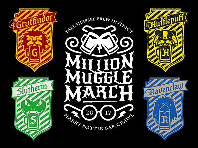 Harry Potter Bar Crawl beer bolt glasses gryffindor harry potter hufflepuff illustration logo owl ravenclaw slytherin wand