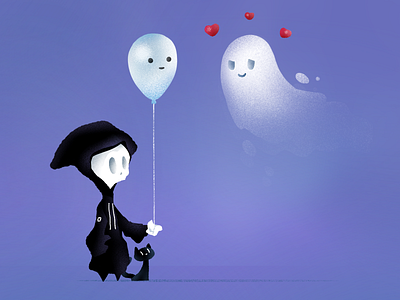 Death & Kitty: "Ghost Love" balloon black cat death dribbbleweeklywarmup ghost ghosts grim reaper halloween kitty kitty cat love reaper