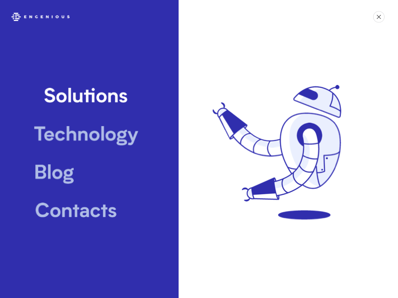 Engenious animation automation blue and white landing menu robot sidebar ui website