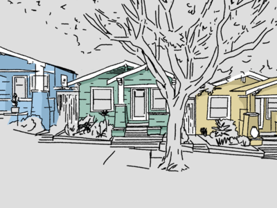 row of houses illustration blue bungalow drawing green illustration sketch style yellow