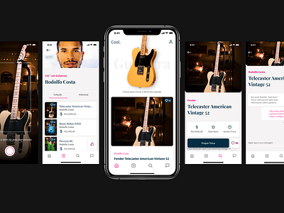 Guitar Collector App blue button card chat collection figma guitar icon menu photo pink timeline ui ux