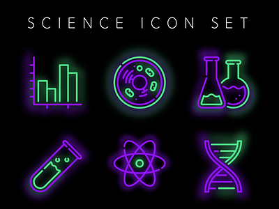 Science Icon Set atom atomic beaker branding cell chart dna flask freebie glow glowing icon set icon sets illustration neon neon colors neon green neon purple science science illustration