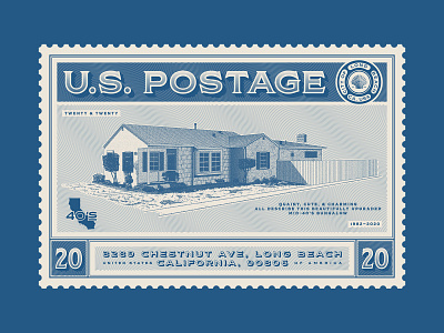 Mid-40's Bungalow: Made in Long Beach, CA architecture engraving house illustratio illustration line art postage stamp typography vector