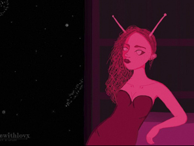 Alien in the space bar alien girl illustration pink sexy space stars