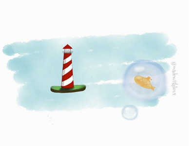 El faro y el submarino perdidos en el cielo bubbles floating lighthouse sky submarine surreal watercolor
