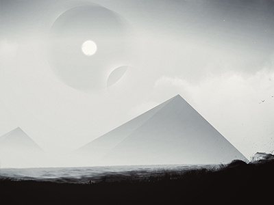 Ancient Messages - Digital Artwork black and white dark distorted dust landscape monochrome pyramids sky stars sun