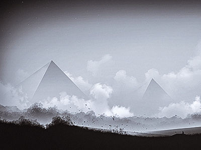 Silenced Gods - Digital Artwork black and white dark distorted dust landscape monochrome pyramids sky stars sun