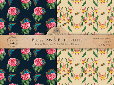 Blossoms & Butterflies seamless patterns graphic design