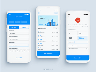 Gatekeeper App appartment arrival blue cards ui checking in design emergency flat ui gaurd app guest minimal ui mobile design sos typography uiux uiuxdesign visitor