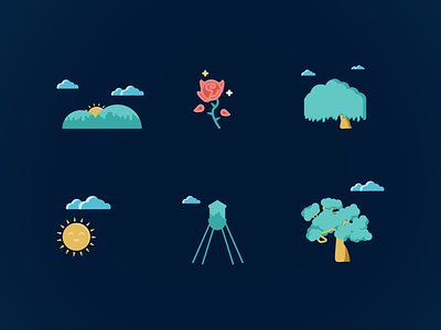 Park icons cloud flower hill icon illustration park rose sun tree vector water tower