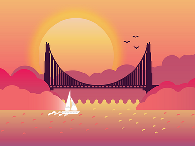Golden San Francisco boat bridge clouds flat design golden gate illustration pink san francisco sea skyline sun sunset