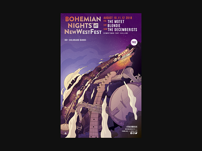 Bohemian Nights At NewWest Fest 2018 Official Poster 2018 band poster bohemian nights boulder colorado festival festival poster ft. collins illustration illustrator moxie sozo photoshop poster