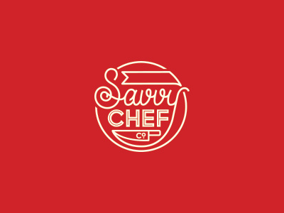 WIP | food related chef circle display food inline. mono weight knife logo red savvy script