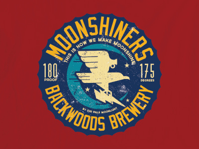 Moonshiners Backwoods Brewery, booze eagle emblem logo moon moonshine shirt texture type vintage