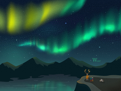 Aurora borealis in the Arctic arctic arctic fox art artwork aurora borealis childrens book childrens illustration deer graphic illustration magic vector