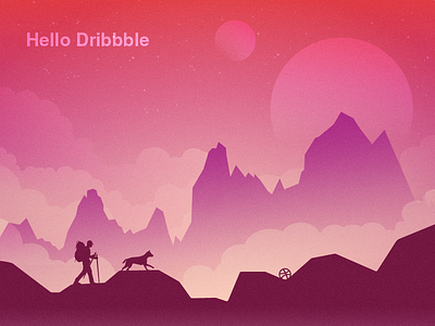 Hello Dribbble! clouds dog hike moon mountain nature planet travel view