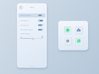 Mob App Music Player Pt 2 buttons clear design green minimalism mobile mobile app mobile design music player skeuomorphism switch turn off turn on white