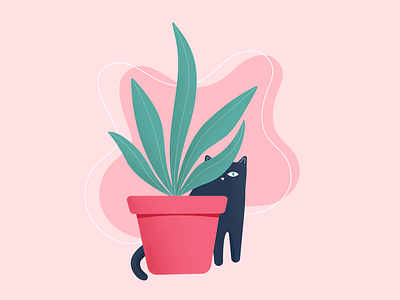 Black cat with plant 2d adobe illustrator art cat design flat graphic illustration leaves noise pink plant vector