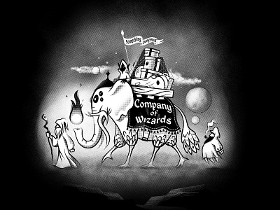 Company of wizards elephant fantasy fatasyworld musical instrument raster illustration screenprint tshirtdesign