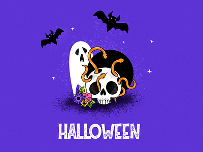 halloween art character cute design flat flower ghost halloween halloween design illustration minimal orange pink pumpkin purple skull vector