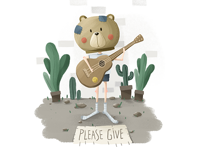 Please Give bear cartoon color cool cute design draw guitar illustration music