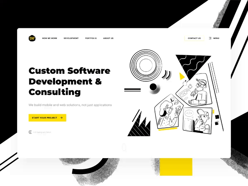 IDAP Home page 2019 animation black black and white branding figma illustraion outsourcing principle redesign site ui ux web white yellow