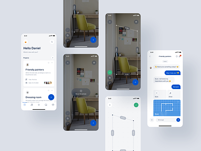 Mobile app ar architecture card cards chat dashboard design interface interior message minimal mobile overview product scan scanner ui ux workspace