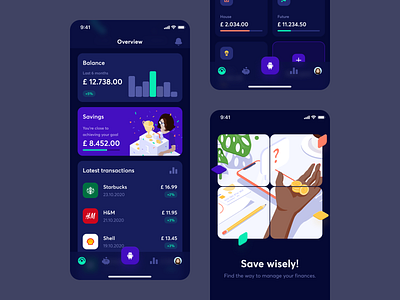 Fimago - 1 charts chatbot dark dark mode dashboard finance finance management illustration isometric management mobile mobile app overview savings transactions ui ux