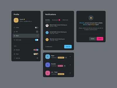 Components - Dark app components dashboard delete design system modal notifications popover popup profile team ui user ux web