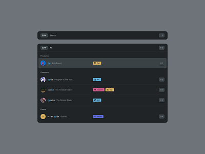 Components - Dark badges characters design system expanded gaming hero player players profile search shortcut tags typing user
