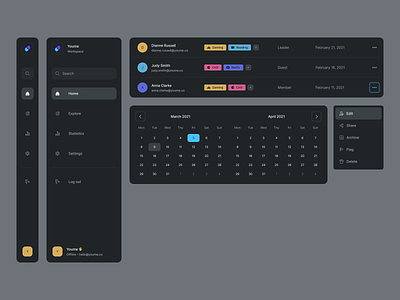 Components - Dark app calendar dark dark mode dashboard data date picker design system dropdown interface menu side navigation sidebar table tags team ui ux web workspace