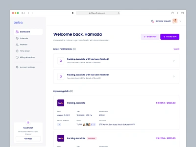 Traba - Dashboard app dashboard design employee employer minimal notification product saas shift ui ux web web app worker