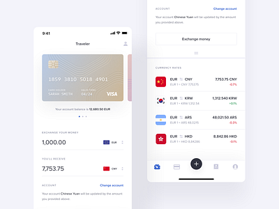 Fintech app application cards credit card currency currency exchange exchange finance finances fintech mobile money product product design ui ux wallet web design