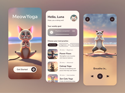 Mobile yoga app for cats 3d app cat design illustration mobile app ui ux workouts yoga