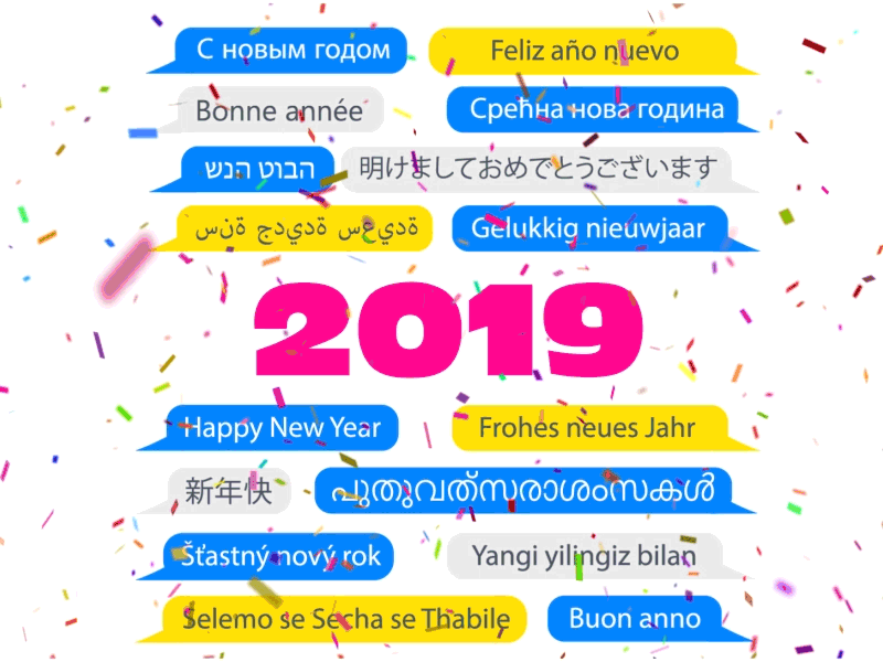 Happy New Year 2019 2019 animation app celebrating celebration confetti design flat fun happynewyear holidays languages motiongraphics newyear resolution typography