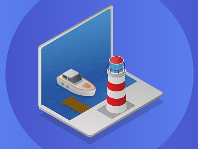 Isometric Laptop adobe apple boat gradient illustration illustrator isometric laptop lighthouse mac notebook ocean pier port sea ship vector waves