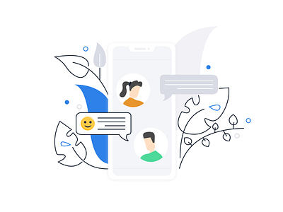 Mobile Chatting Background Illustration background branding character customer design drawing feedback icon illustration journey leaves line line drawing team typography ui ux vector