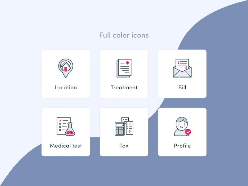 4 icons variations animation aplicación app design bill colorful darkblue fill gray icons illustration location medical test outline pink profile tax treatment