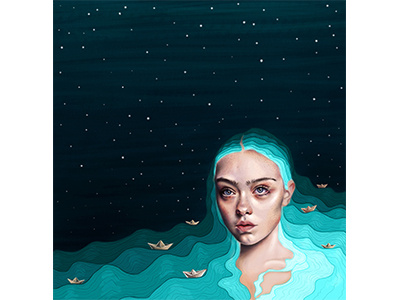 Thalassophile blue design girl illustration ocean portrait ships sky