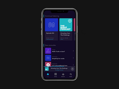 Dark UI Podcasts App Concept #02 app color dark mode design interaction ios iphone x origami podcast ui vector