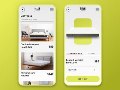 Dream App for Mattresses app colour interaction mattresses ui ux