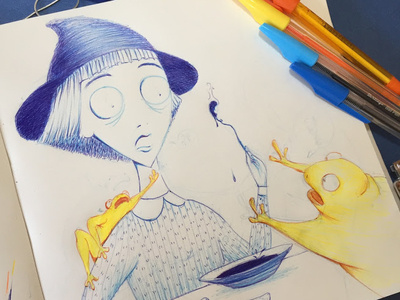 Inktober 01 blue blue and yellow colorful ink frog illustration inking inktober inktober2018 little witch poisonous sketch witch witchy