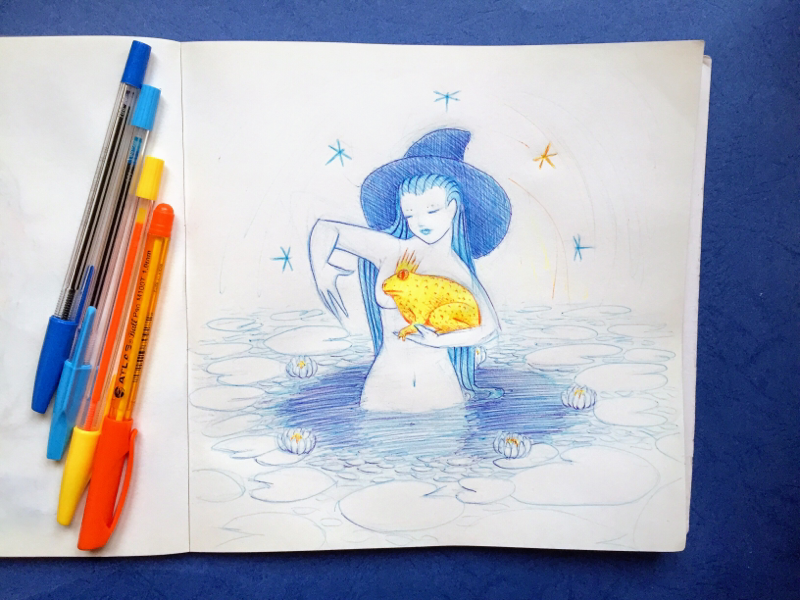 Inktober 03 Spell colorful-ink blue yellow ritual water-lily witchy witch swamp froggie frog inktober2018 spell inktober