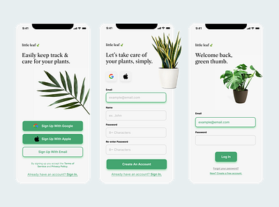 Little Leaf // Sign Up & Log In app application concept design minimal mobile plant plants tracker tracking ui ux