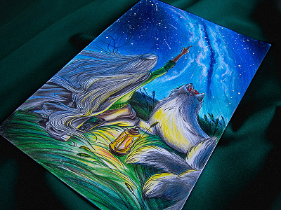Illustration for my book book colored pencils fantasy fox illustration kitsune light night stars