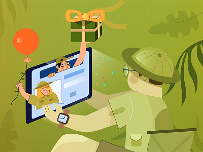 Celebration in the Jungle celebration chat colour digital domain illustration jungle line man vector web website