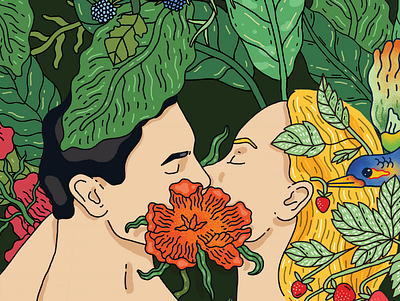 Adam and Eve animals bird eden flowers garden jungle kiss passion plants wallpaper