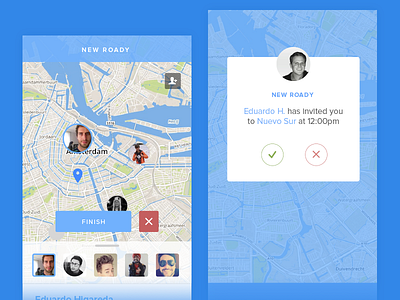Roady Screens avatars blue friends interface map modal popup